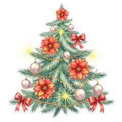 Festive decorated christmas tree with ornaments lights ribbons and poinsentias