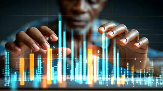 Close-up of Elderly Man's Hands Working with Digital Data Visualization Concept - Powered by Adobe