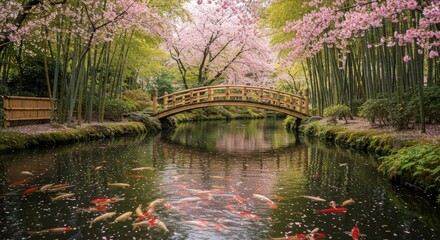 Picturesque bridge over a tranquil pond with koi fish and cherry blossoms