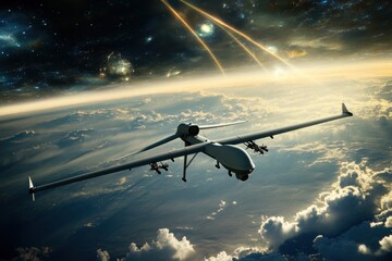 Naklejka premium Drone flying above Earth with cosmic events in the background during twilight