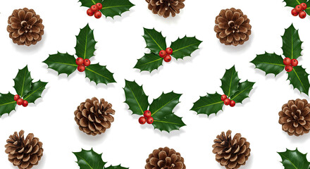 Pine cones and holly berries pattern on transparent background design elements