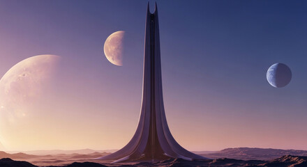 Futuristic alien landscape with tower and planets digital art space exploration concept art design