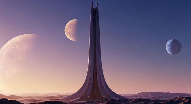 Futuristic alien landscape with tower and planets digital art space exploration concept art design - Powered by Adobe
