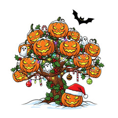 Whimsical halloween christmas tree with jack-o'-lanterns and ghosts festive decoration