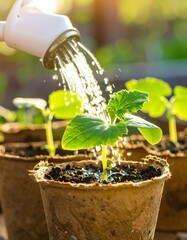 Watering young cucumber seedlings