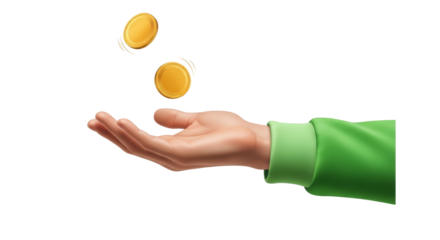 Isolated Cartoon arm with green sleeve catching coins tossed in the air, money concept