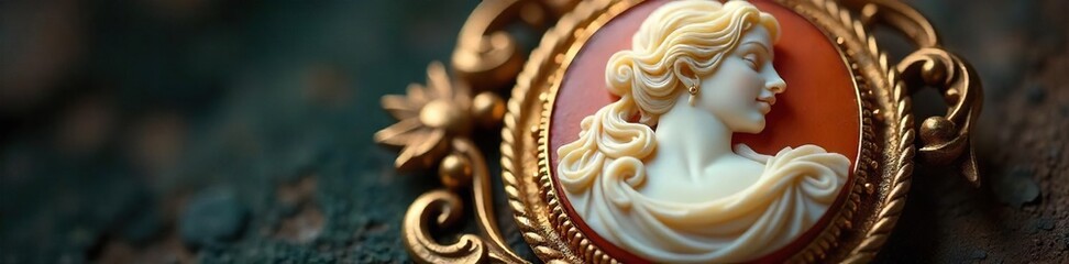 Antique Cameo Brooch Close-Up Intricate Detailing, Ornate Gold Frame, Vintage Jewelry, Classic Elegance