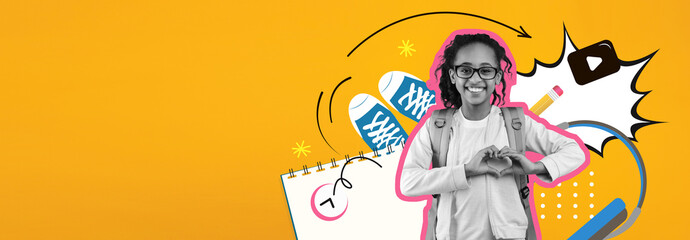 A joyful child smiles while forming a heart shape with their hands. Bright school supplies and colorful patterns surround them, creating a lively, engaging atmosphere.