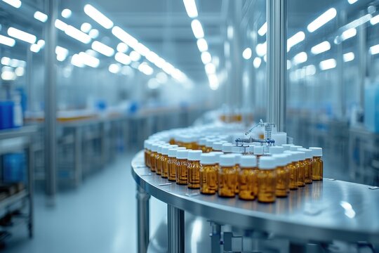 Bottles of pharmaceutical products moving along a conveyor belt in a modern factory