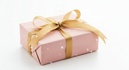 Pink gift box with golden ribbon and bow isolated on transparent background