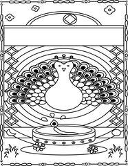 Cartoon peacock with detailed feathers and elegant pose in outlined art, perfect for kids' exotic bird coloring books and school worksheets