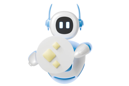 3d robot holding ai prompt badge icon. generative ai automation concept. Minimal cartoon robo bot mascot assistant for app banner and ui asset. isolated on white background. 3d render.