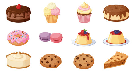 Twelve different desserts arranged in three rows of four on a white background