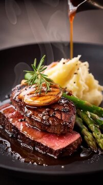 Beef fillet Rossini, slice of fried foie gras, asparagus, potato gnocchi, mashed potatoes, black plate, fillet with meat juice, animated video for social media stories,