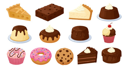 Twelve illustrated sweet desserts including pies brownies cakes donuts and cookies