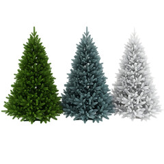 Three distinct christmas trees featuring green blue and white festive holiday decorations