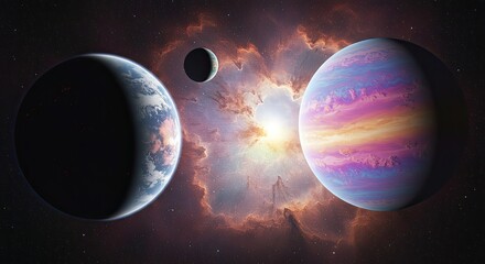 Planets and moons in outer space with vibrant colors and celestial bodies