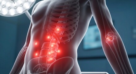 X-ray skeletal human form with red pain markers