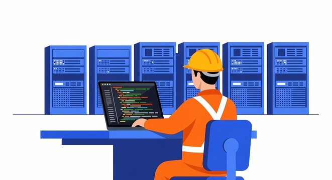Engineer in Hard Hat Working on Laptop in Server Room Data Center