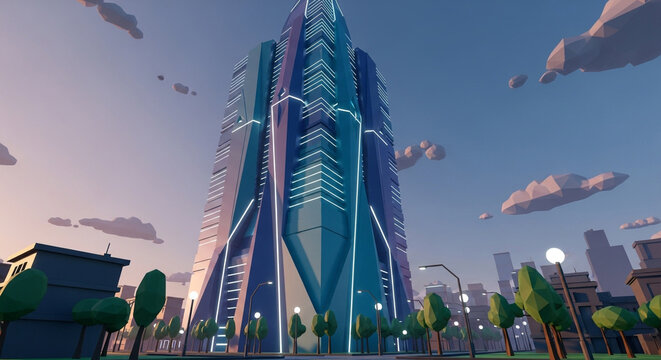 Futuristic city skyline with modern architecture skyscraper and low poly design for digital art
