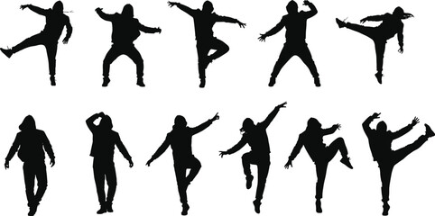 Dynamic hooded dancer silhouettes in expressive motion poses, urban street dance choreography, energetic performance illustration, vector art for creative design projects