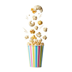 Exploding popcorn fun bursting out of a colorful striped bucket movie night snack