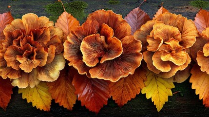 growing on fallen leaves from calcium-producing trees, mycelium network visible, forest ground moist, showing early stage conversion to calcium carbonate fungi on leaves, mycelium carbon, forest 