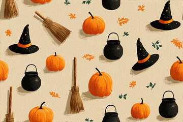 Seamless pattern. Orange Halloween small pumpkins witch hats, buckets and brooms. Minimalist style. Drawing style.