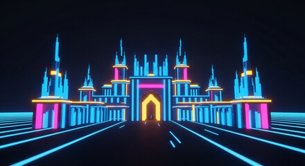 Retro wave castle neon lights background futuristic landscape vaporwave synthwave illustration art