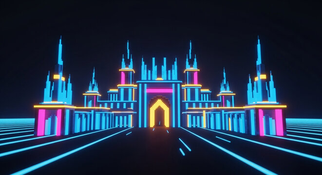 Retro wave castle neon lights background futuristic landscape vaporwave synthwave illustration art - Powered by Adobe