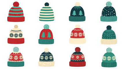 A charming collection of twelve festive knitted winter hats with colorful pom poms and patterns.