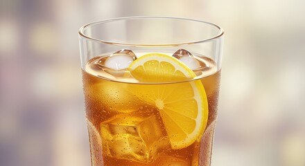 Refreshing iced tea with lemon slice and ice cubes in a clear glass