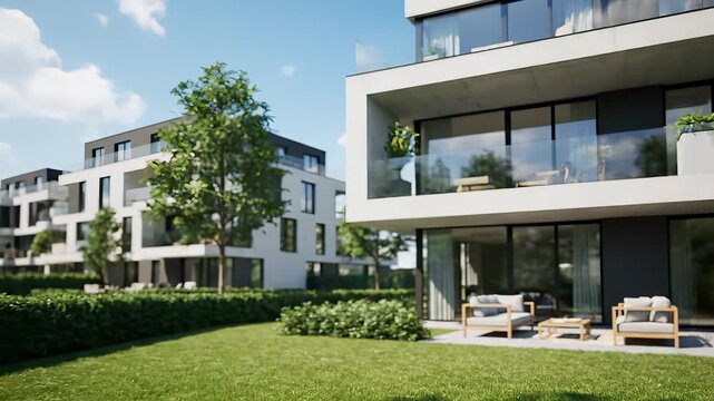 Modern buildings with large windows stand surrounded by trees, and buildings feature balconies next to the green trees. The buildings and trees create a serene atmosphere.