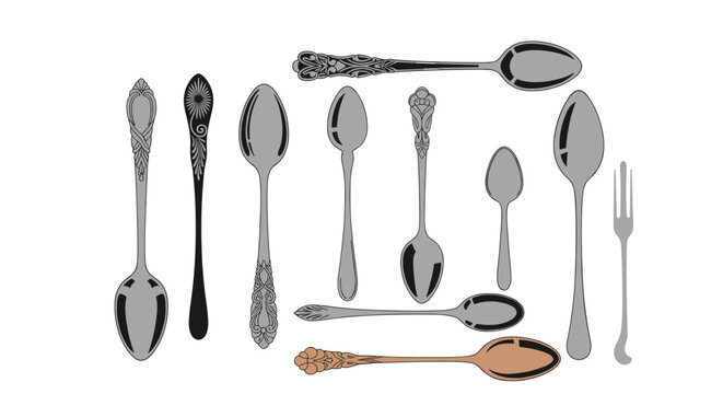 A collection of antique and modern spoons and one fork displayed together.