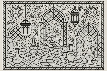 Obraz premium An enchanting garden scene with lanterns and vases, isolated on white background, captures the essence of a peaceful oasis with ornate details