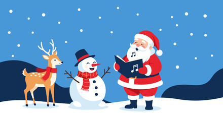 Santa Claus snowman and reindeer singing carols together on a snowy Christmas night.