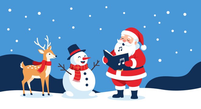 Santa Claus snowman and reindeer singing carols together on a snowy Christmas night.