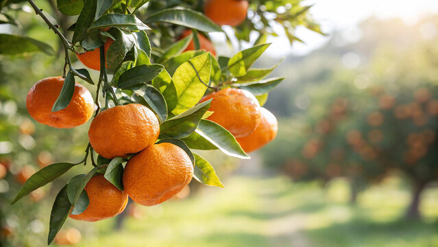 Mandarin hanging on tree in garden, Mandarin on tree in natural warm sunlight background