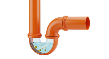 Isolated orange P-trap with water and sediment, sewer pipe trap for drainage system