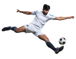 Professional Asian male football player performing an airborne overhead scissor shot, isolated on a transparent background, PNG