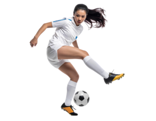 Athletic female soccer player executing a full kick motion, isolated on a transparent background, PNG