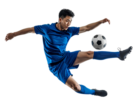 Professional Asian male football player performing an airborne overhead scissor shot, isolated on a transparent background, PNG