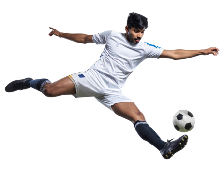 Professional Asian male football player performing an airborne overhead scissor shot, isolated on a transparent background, PNG
