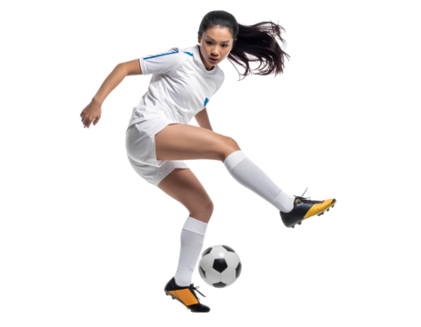 Athletic female soccer player executing a full kick motion, isolated on a transparent background, PNG