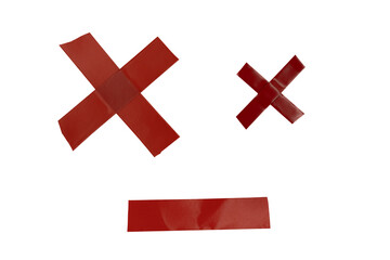 Obraz premium Set of red adhesive tape pieces isolated on transparent background. Crossed and straight duct tape strips with glossy texture for mockup, labels, scrapbooking, or graphic design projects. PNG