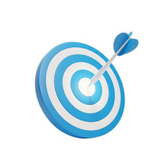 Blue and white dartboard with arrow hitting the bullseye for precision and success