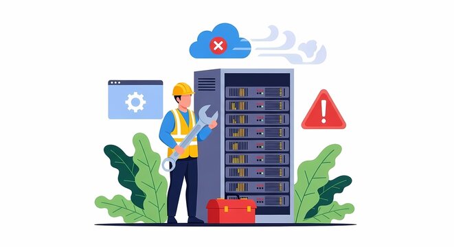 Server Maintenance Engineer Fixing IT Infrastructure Cloud Error Warning Concept