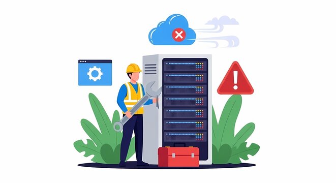 Server Maintenance Worker Fixing Data Center with Cloud Error Warning Alert