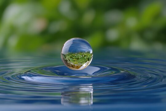 A clear water droplet suspends above water distorting the image of foliage and sky Circular ripples spread outward