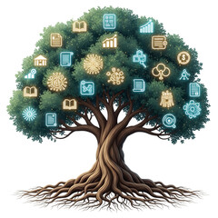 Digital growth tree with glowing icons symbolizing technology business and innovation